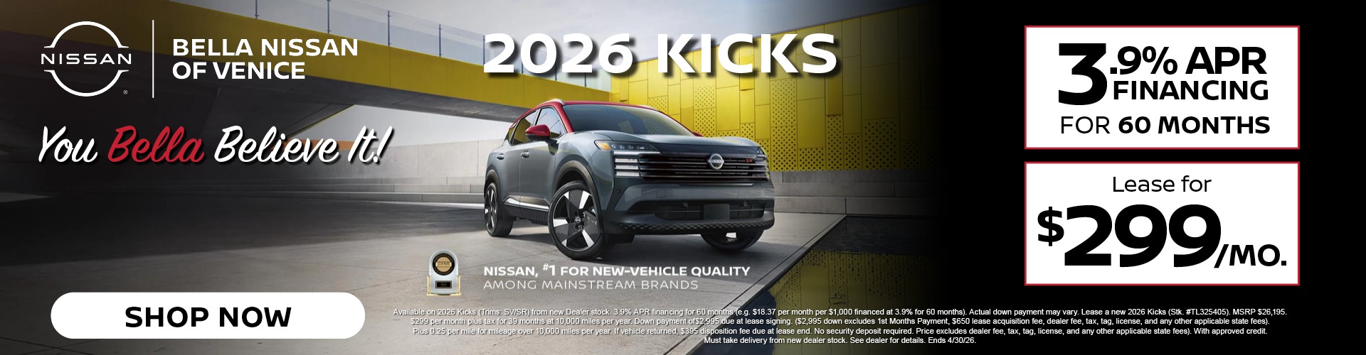 2026 Kicks - Payments as low as $299/mo. - Now at Bella Nissan Of Venice